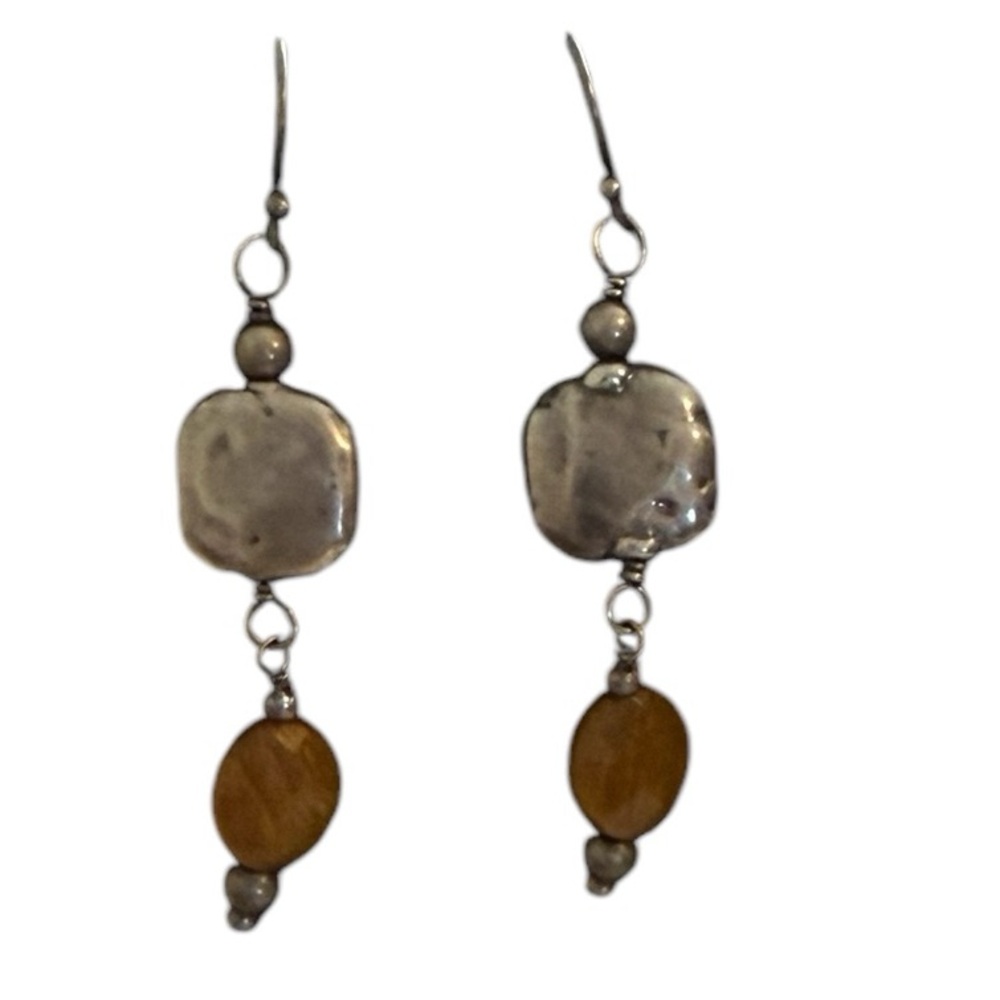 Silpada Earrings Sterling silver square bead & brown stone dangle on french wire
